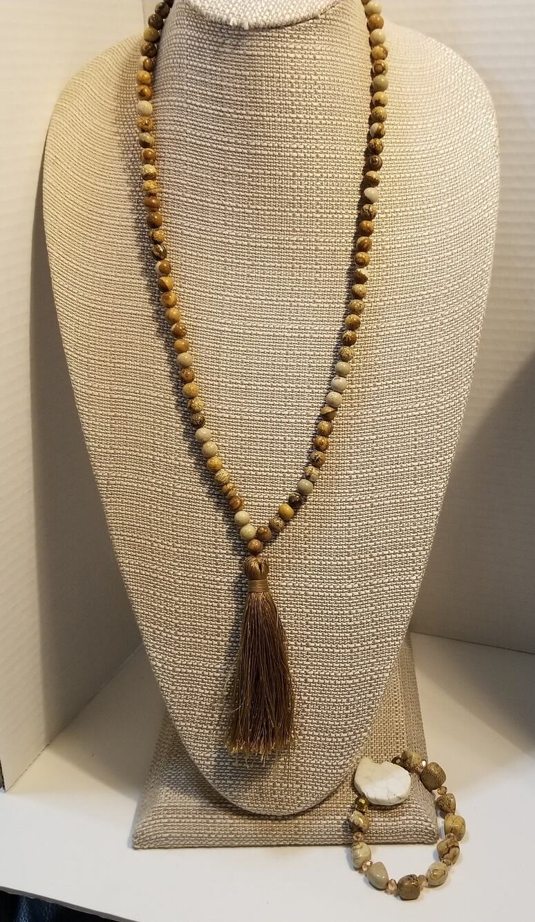 Jasper 38" long stone strand beaded necklace stretch stone beaded bracelet